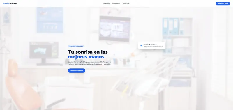 Diseño de ejemplo para una clínica dental: cabecera con el titular «Tu sonrisa en las mejores manos» y botón para pedir cita online